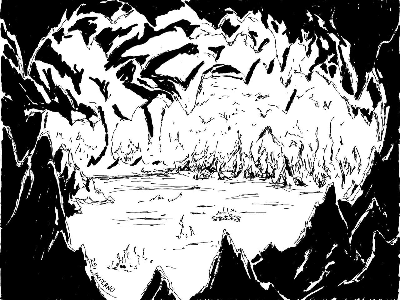 A view of a large rocky cavern, with a large molten lake and burning fires illuminating the interior and casting strong shadows amongst the rough rock formations